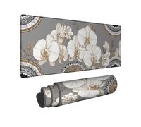 Elegant Floral Large Mouse Pad, Gray and Gold Orchid Design Stitched Edge Mousepad, Rubber Non-Slip Washable Gaming Mouse Pad for Home and Office Use 12x32 Inch