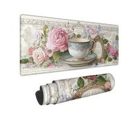 Elegant Floral Large Mouse Pad, Peach Rose Design with Gold Accents, Stitched Edge Mousepad, Non-Slip Washable Gaming Mouse Pad for Home and Office 12x32 Inch