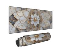 Elegant Floral Large Mouse Pad, White Gold Flower Design Stitched Edge Mousepad, Rubber Non-Slip Washable Mouse Pad for Home and Office Computer, Laptop 16x36 Inch