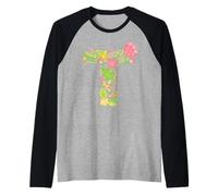 Elegant Floral Letter T Monogram Initial Alphabet Design Raglan Baseball Tee