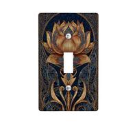 Elegant Floral Light Switch Cover Plates/Outlet Covers, Golden Water Lily Design, Dark Blue Background, Home Decor for All Seasons, Thermoplastic Material Single Toggle