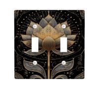 Elegant Floral Light Switch Cover Plates/Outlet Covers, Golden Water Lily Design on Black Background, Thermoplastic Wall Plates, Standard Size Double Toggle