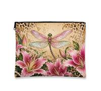 Elegant Floral Makeup Bag, Dragonfly and Lilies Pattern Cosmetic Travel Pouch for Women, Portable Canvas Zipper Organizer, Spring Skincare Toiletry Bag, Peach, 7x9 Inch, Dragonfly