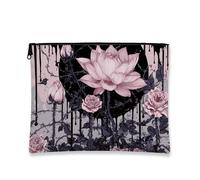 Elegant Floral Makeup Bag, Peach Water Lily and Roses Vintage Flower Cosmetic Travel Pouch for Women, Portable Small Canvas Zipper Organizer, Perfect for Gift and Skincare Travel Bags, Peach, 7x9 Inch