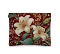 Elegant Floral Makeup Bag, White Lilies Vintage Botanical Cosmetic Travel Pouch for Women, Portable Small Canvas Zipper Bag, Holiday Gift Skincare Organizer, Red, 7x9 Inch, Lily