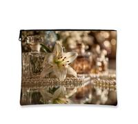 Elegant Floral Makeup Bag, White Lily Vintage Cosmetic Travel Pouch for Women, Portable Small Canvas Zip Organizer, Perfect for Festivals & Gifts, White, 7x9 Inch, Lily