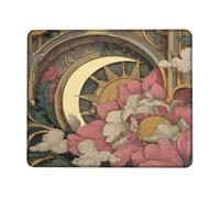 Elegant Floral Moon Desk Mouse Pad, Peach Gold Vintage Flowers Non-Slip Washable Mousepad for Home and Office Use Square 8x10 Inch