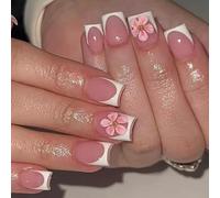 Elegant Floral Press On Nails French Tip Fake Nails With Glossy Finish Easy Application For Women Easy Removable Fake Nail
