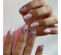 Elegant Floral Press On Nails with Blue & White Pattern - 24PCS Short Oval False Nails Set Featuring Gold Glitter Accents, Reusable Full Cover Artificial for Wedding, Party & Special Occasions