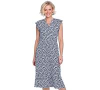 Chums Ladies Elegant Floral Print Viscose Dress with Frill Sleeve Detail, Stylish Button Front Placket, Tiered Hem & Waist Tie Navy 12