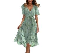 Elegant Floral Printed Chiffon Midi Dress for Woman with V Neck and Belt, Perfect for Wedding and Summer