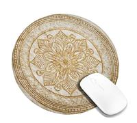 Elegant Floral Round Desk Mouse Pad, Beige Gold Mandala Design Stitched Edge Mousepad, Rubber Non-Slip Washable Gaming Mouse Pad for Home and Office Computer, Laptop Round