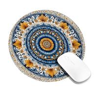 Elegant Floral Round Desk Mouse Pad, Blue Gold Vintage Pattern Stitched Edge Mousepad, Rubber Non-Slip Washable Gaming Mouse Pad for Home and Office Computer, Laptop Round 8x8 Inch