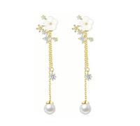 Elegant Floral Simulated Pearls Drop Earrings For Wedding Bride Long Chain Gold Or Silver Plated CZ Stones Jewelry Elegant Pearls Flower Bridal Earrings