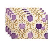 Elegant Floral Tulips Placemats, Violet Gold Botanical Place Mats for Dining Table, Spring Decorative Non-Slip Washable Indoor Outdoor Kitchen Party Set of 4