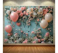 elegant flower and balloon background | Lush pink roses and white flowers on a light blue background | polyester 300x200CM