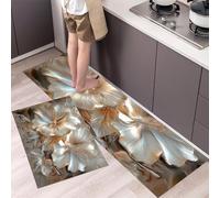 Elegant Flower Arrangement Kitchen Rug Set, 2 Pieces Non Slip and Anti Fatigue 3D Metal Flowers Kitchen Mat Set, Washable Floor Mat, Bronze Standing Mats for Hallway Bedroom Entrance 40x60cm+40x120cm