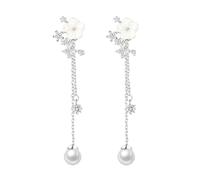 Elegant Flower Simulated Pearl Drop Earrings for Wedding Bride Long Chain Gold or Silver-Plated CZ Stones Jewellery Long Chain Earrings for Women, one size, As described