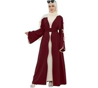 Elegant Flowy Muslim Cardigan Robe with Bow Accents Front Wave Design Abaya for Women Open Front Abaya with Belt, Wine Red, Medium