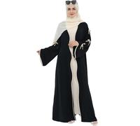 Elegant Flowy Muslim Cardigan Robe with Bow Accents Front Wave Design Abaya for Women Open Front Abaya with Belt, Black, S