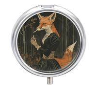 Elegant Fox Lady Pill Box - Travel Pill Box with 3 Compartments and Small Mirror, Portable Pill Box for Bag and Purse, Cute Round Medicine Case, Weekly