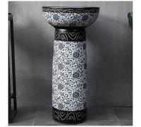 Elegant Freestanding Floor Mount Modern Luxurious Ceramic Pedestal Sink featuring Unique Vintage Hand Carved Art Deco Design for Outdoor Patio Balcony Garden Bathrooms, 2 Piece Set