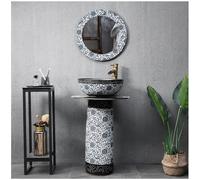 Elegant Freestanding Floor Mount Modern Luxurious Ceramic Pedestal Sink featuring Unique Vintage Hand Carved Art Deco Design for Outdoor Patio Balcony Garden Bathrooms, 2 Piece Set