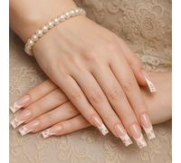 Elegant French Floral Press On Nails Kit With Soft Nude Base And Glossy Finish - Long Coffin Shape Fake Nails For Women Includes File & Cuticle Nippers, Pink Rose Tips Pearl Accents