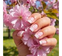 Elegant French Ombre Press On Nails - Hand-Painted Floral Design - Glossy Pink-to-White Gradient Short False Nails Kit for Women, Weddings Party Almond Shape (Blossom Pink Gradient)