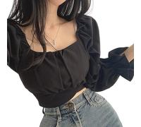 Elegant French Style Blouse Women Spring Puff Sleeve Square Collar Crop Top Korean Fashion Preppy Style Sweet Bow Bandage Shirts