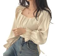 Elegant French Style Blouse Women Spring Puff Sleeve Square Collar Crop Top Korean Fashion Preppy Style Sweet Bow Bandage Shirts