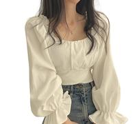 Elegant French Style Blouse Women Spring Puff Sleeve Square Collar Crop Top Korean Fashion Preppy Style Sweet Bow Bandage Shirts