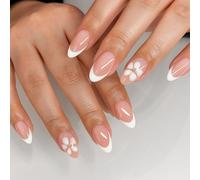 Elegant French Tip Press-On Nails with 3D Floral Accent - Short Almond False Nails Kit for Women, Reusable Nude Pink Fake Acrylic, Handmade DIY Manicure Set with Flower Design