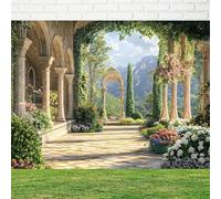Elegant garden background with floral and stone arch design, suitable for home, office, and living room decoration 240X180cm