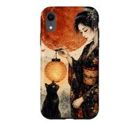 Elegant Geisha Holding Lantern with Black Cat Red Moon Japan Case for iPhone XR