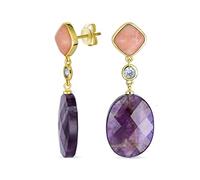 Elegant Gemstone Dusty Rose Crystal Accent Natural Briolette Purple Amethyst Faceted Oval Dangle Earrings For Women Yellow Gold Plated