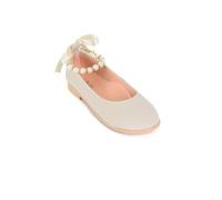 Elegant Girls' Beige Mary Jane Flats with Pearl Detail and Ribbon - Perfect for Special Occasions Size UK Youth 2.5