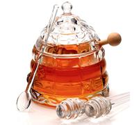Elegant Glass "Crystal" Honey Jar with 2 Glass + 1 Wooden Dipper & 1 Clear Spoon | Beehive Design | 10 oz Container | Perfect for Sugar, Marmalade & Jam | Durable & Stylish Multipurpose Pot with Lid