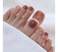 Elegant Glitter Press On Toe Nails Short Square - 24PCS False nails with Nude Sparkle Design, Full Cover Stick On Toenails for Women Girls, Summer Styling French Tip Art Stickers Almond Acrylic