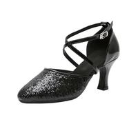 Elegant Glitter Strap Latin Dance Heels for with Comfortable Slim Heel and Buckle (Black, 3.5)/G