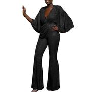 Elegant Glittering Women's Jumpsuit with Deep V Neck Batwing Sleeves High Waist Tunic Cowl Flare Long Romper Night Party Disco Festival Performance Rave Outfits Playsuit Black