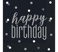 Elegant Glitz Black & Silver Happy Birthday Luncheon Napkins (16cm) - Chic & Sparkling Design - Perfect for Sophisticated Celebrations - 16ct
