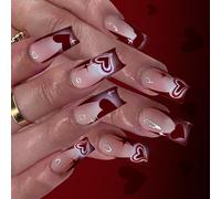 Elegant Glossy Fake Nails 24PCS Set Wine Red French Styles Middle Coffin Artificial for Party Wedding Date Valentines Day Artificial