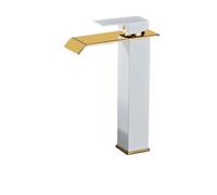 Elegant Gold and Black Kitchen Faucet Cascading Bathroom Sink Mixer Brass Waterfall Tap Stylish Covered Mount Lavatory Faucet (White & Gold Tall)