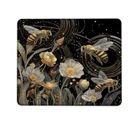 Elegant Gold and White Flowers and Bee Mouse Pad, Black Background, Perfect for Spring and Summer, Non-Slip Rubber Mousepad for Home and Office, Great Gift for Nature Lovers Square 8x10 Inch