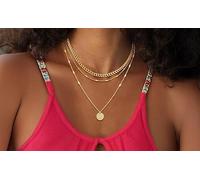 Elegant Gold Cuban Link Chain For Women, 3-Layer Necklace With Circle Pendant, Adjustable Length For Various Styles