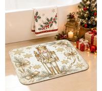 Elegant Gold Nutcracker Holiday Christmas Bathroom Rugs 16x24 Inch | Traditional, Bath Mat, Snowflake Pattern, Ribbons, Pine Branches, Bathroom Floor Decor