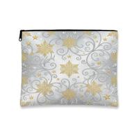 Elegant Gold Snowflake Winter Theme Christmas Makeup Bag 7x9 Inch | Golden Snowflake Print, Cosmetic Bag, Silver Swirl Accents, Winter Holiday Aesthetic, Travel Organization