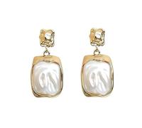Elegant Gold-Tone Square Drop Earrings with Pearl-Like Inlay for Women