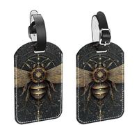 Elegant Golden Bee on Dark Background Luggage Tags for Suitcase, 2 Pack Leather Baggage Identifier with Privacy Flap and Name ID Label for Women Men Travel